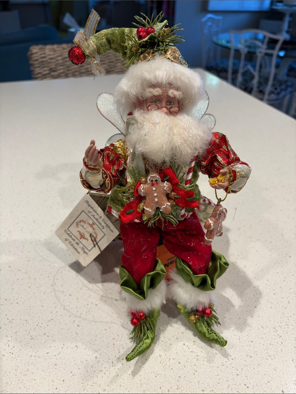 Mark Roberts Red and Green Festive Santa Ornament with Gingerbread Accents